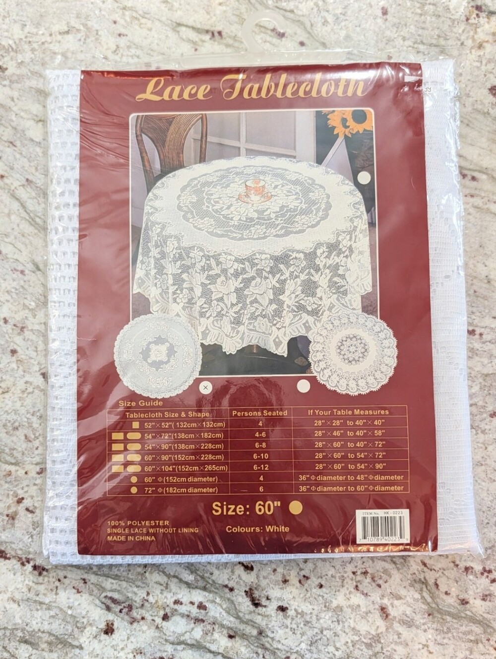 Round 60" Lace Tablecloth Rose Floral Design White NEW In Package Bistro Cottage